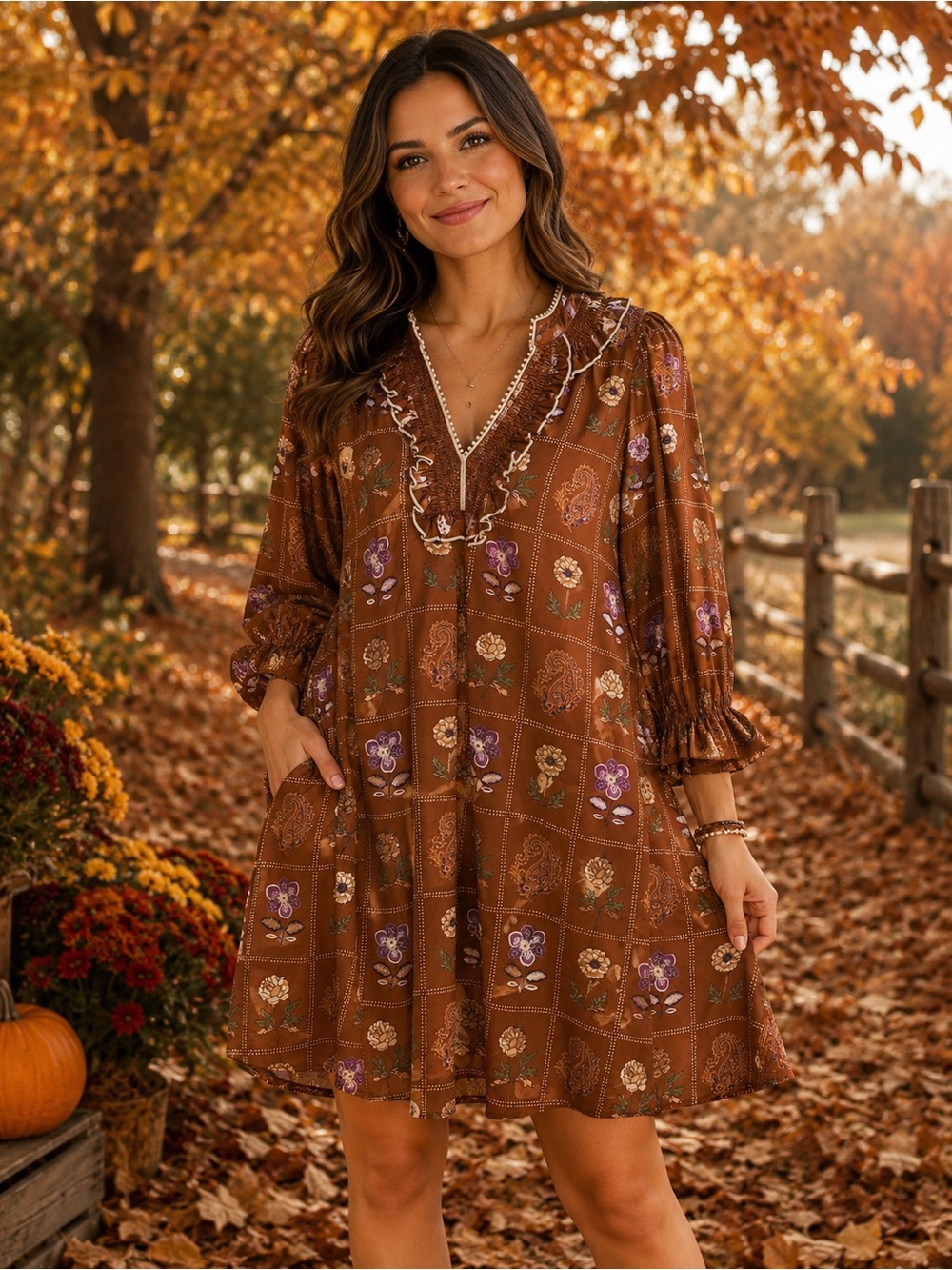 Brown Floral Ruffle V-Neck Shift Dress
